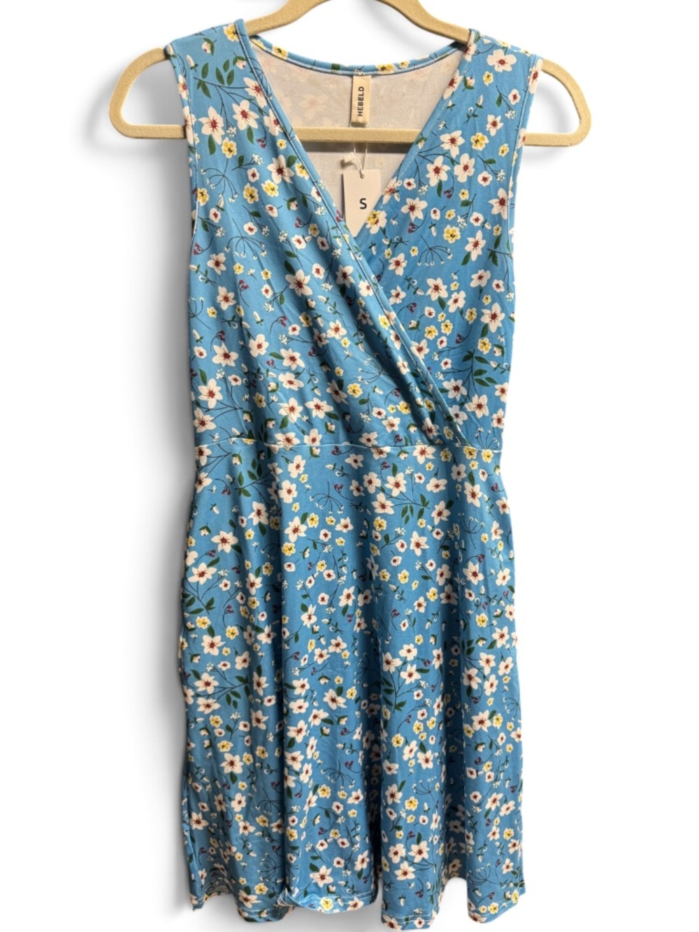 NWT HEBELD Blue Floral Wrap Dress Sleeveless V Neck A Line Pockets S